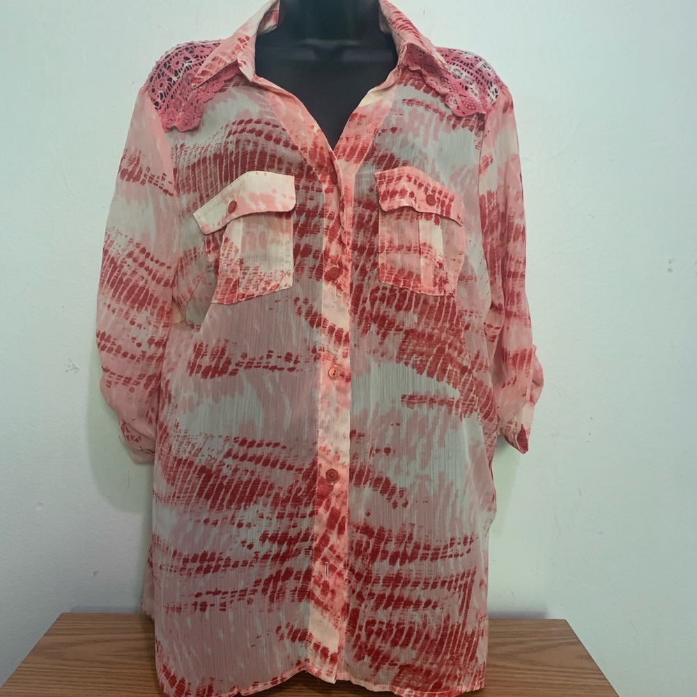 American Rag Sheer Button-Up Blouse Tie Dye 14/16W NEW